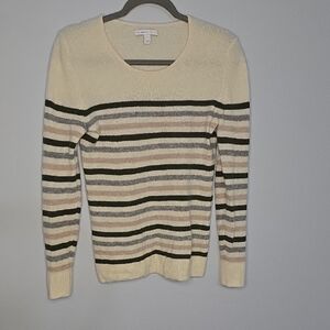 Hawthorne Cashmere Size Small, Cream With Tan Grey And Army Green Stripes